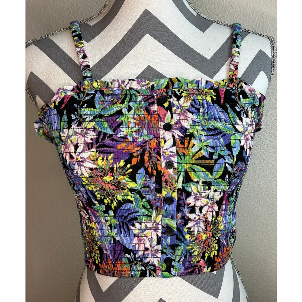 HIPPIE ROSE | Smocked Floral Crop Top Spaghetti Strap Button Front | Small